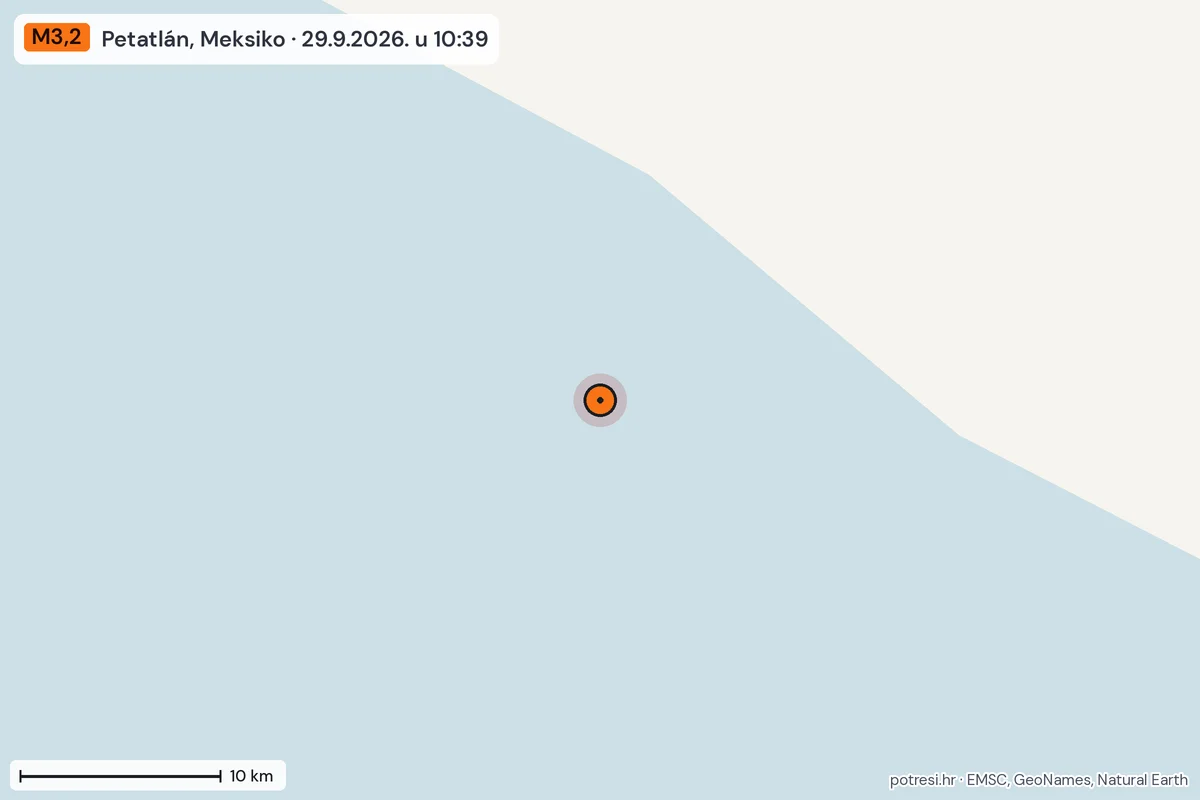 Karta: okolica epicentra, 60 km, potres M3,2, Petatlán, Meksiko, 29.9.2026.