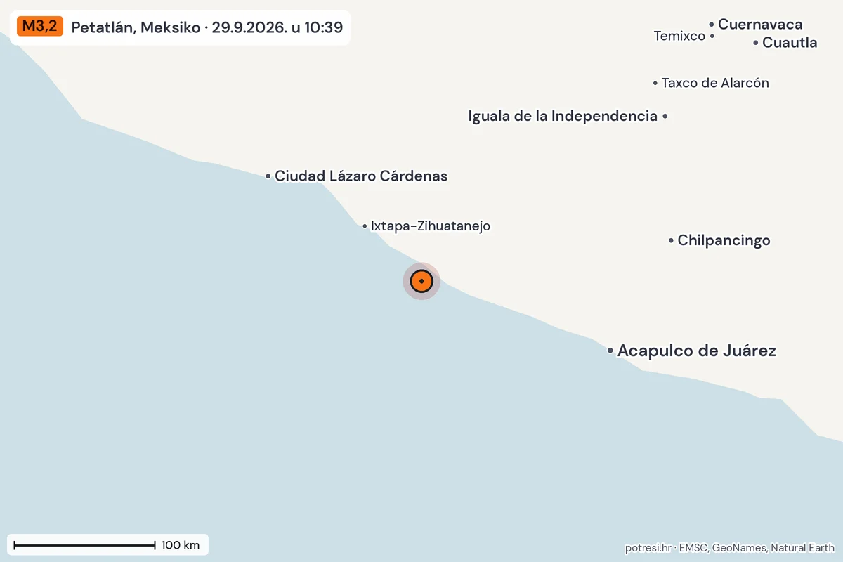 Karta: šire područje, 600 km, potres M3,2, Petatlán, Meksiko, 29.9.2026.