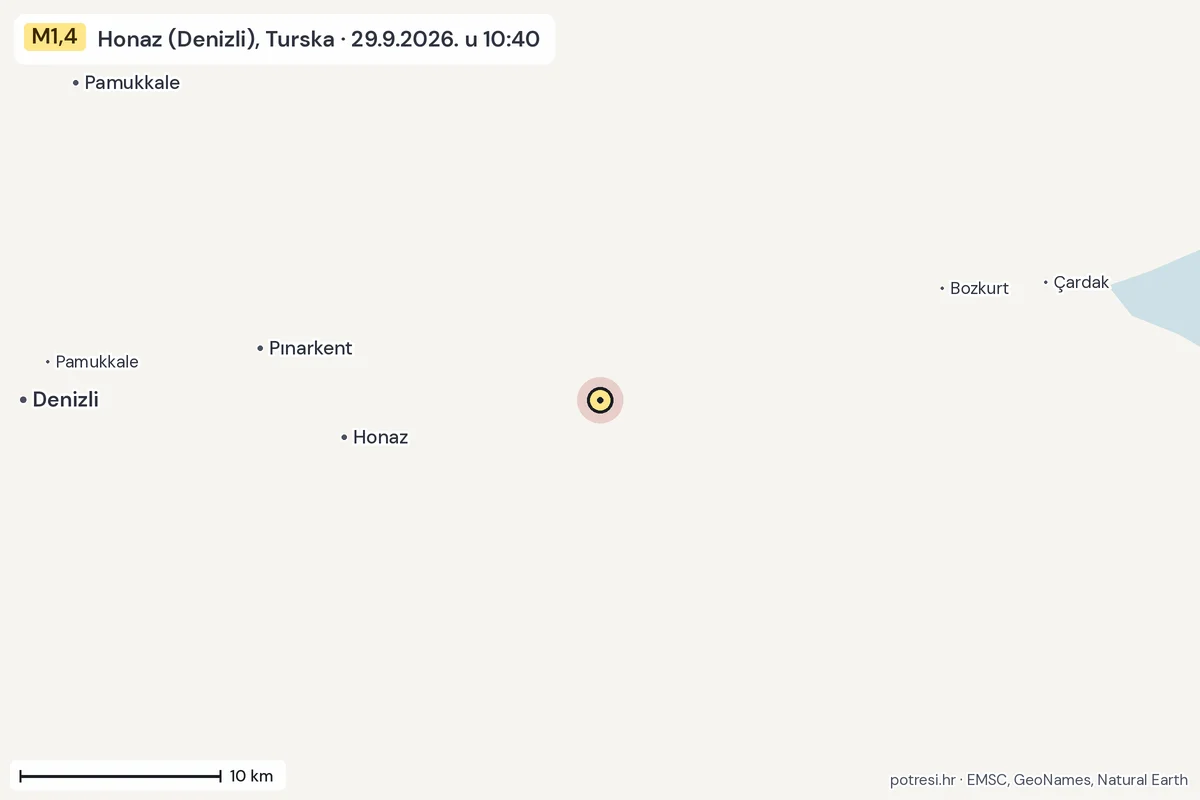 Karta: okolica epicentra, 60 km, potres M1,4, Honaz (Denizli), Turska, 29.9.2026.