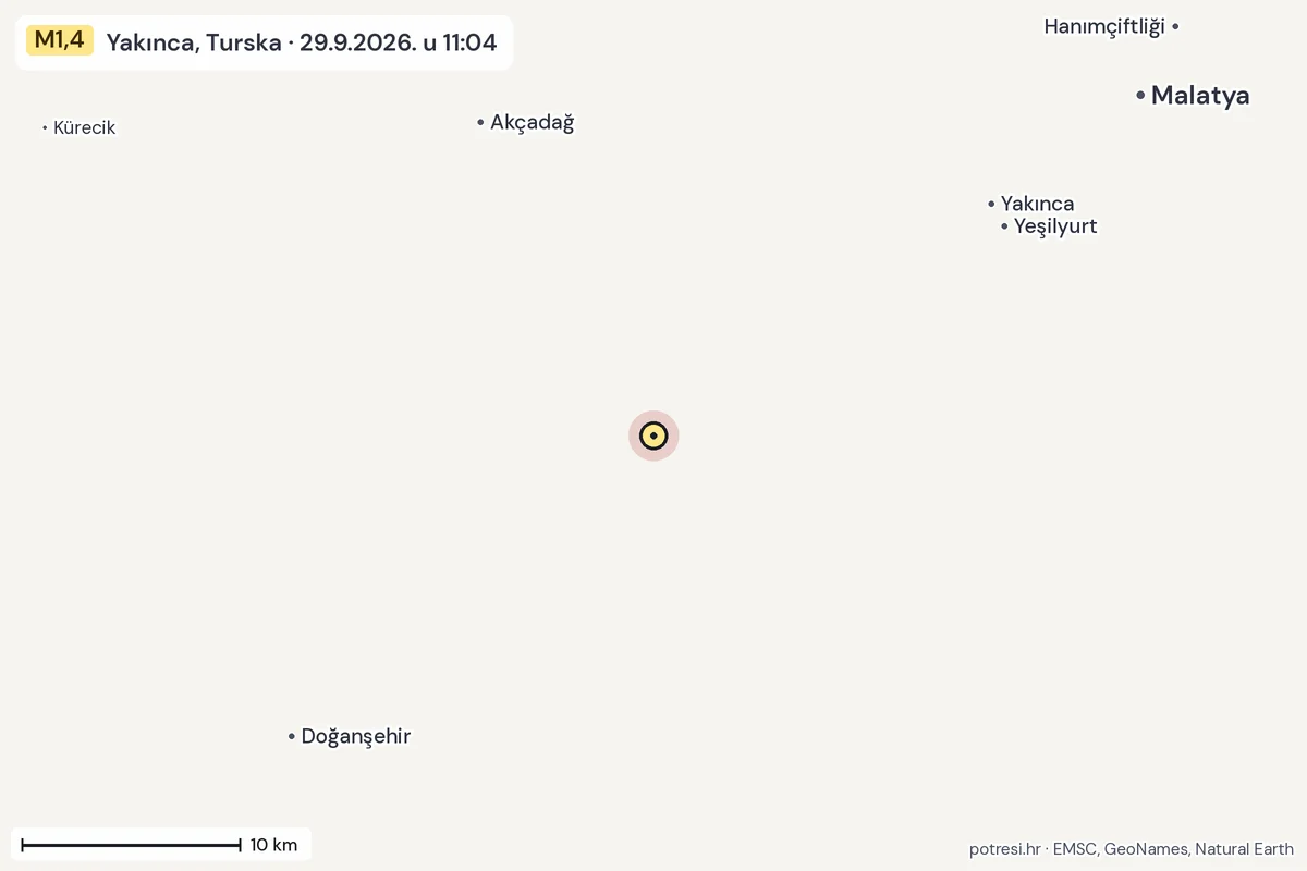 Karta: okolica epicentra, 60 km, potres M1,4, Yakınca, Turska, 29.9.2026.