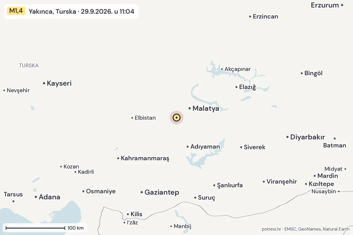 Karta: šire područje, 600 km, potres M1,4, Yakınca, Turska, 29.9.2026.