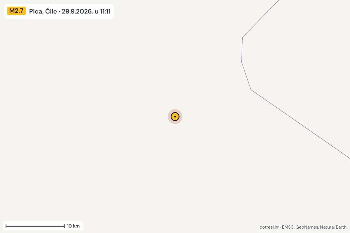 Karta: okolica epicentra, 60 km, potres M2,7, Pica, Čile, 29.9.2026.