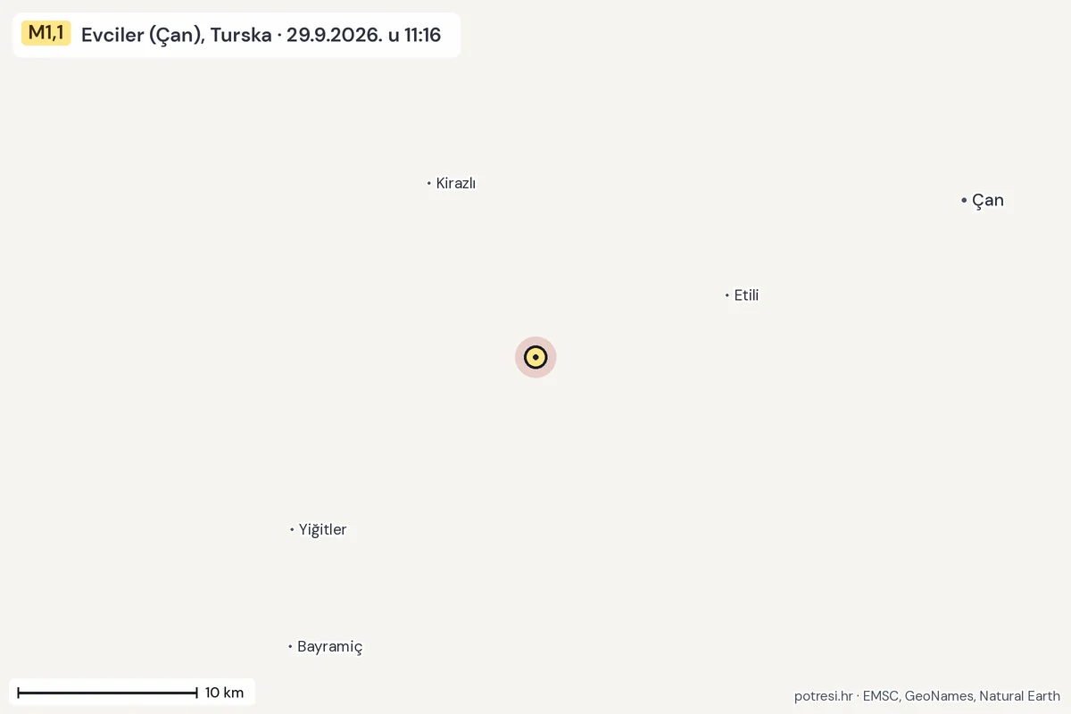 Karta: okolica epicentra, 60 km, potres M1,1, Evciler (Çan), Turska, 29.9.2026.