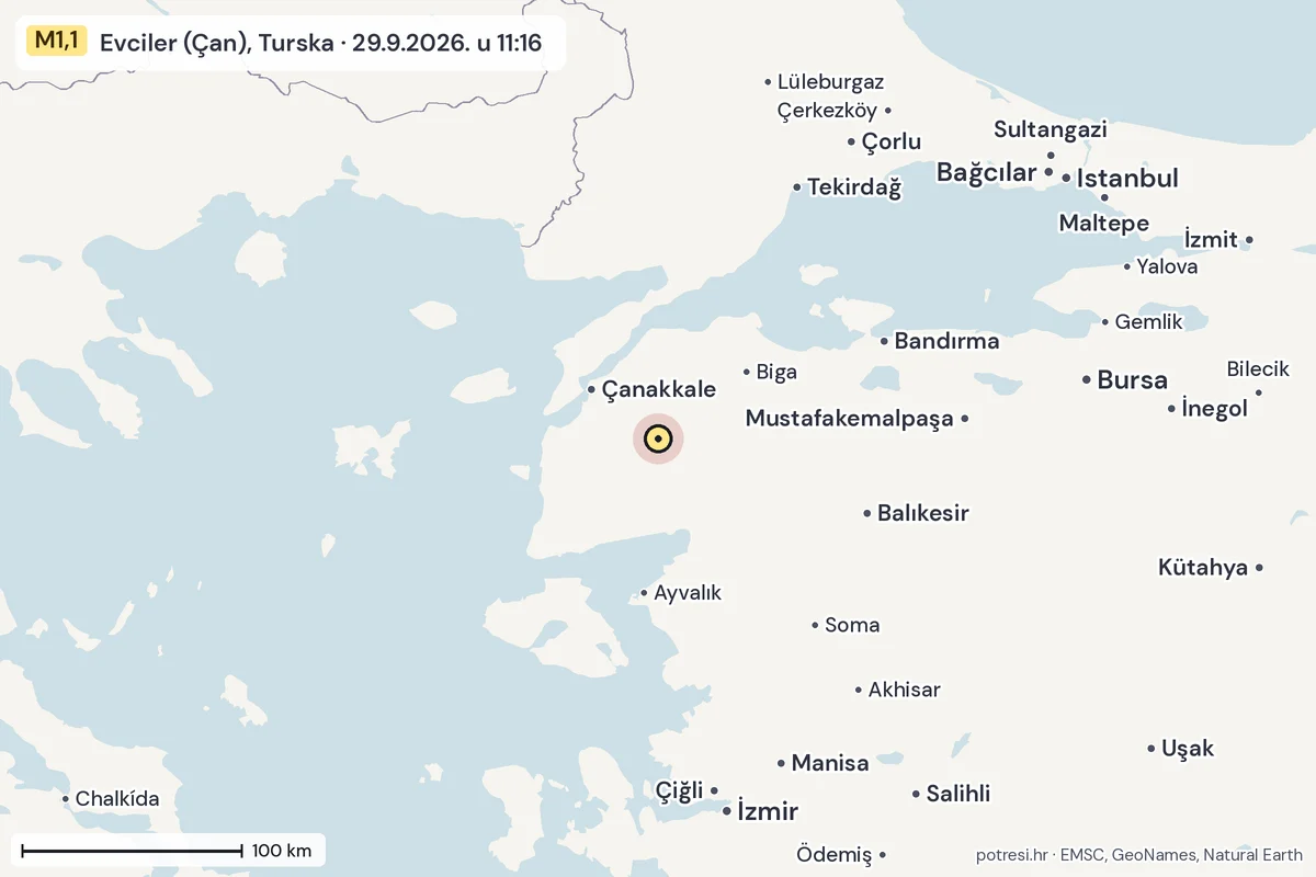 Karta: šire područje, 600 km, potres M1,1, Evciler (Çan), Turska, 29.9.2026.