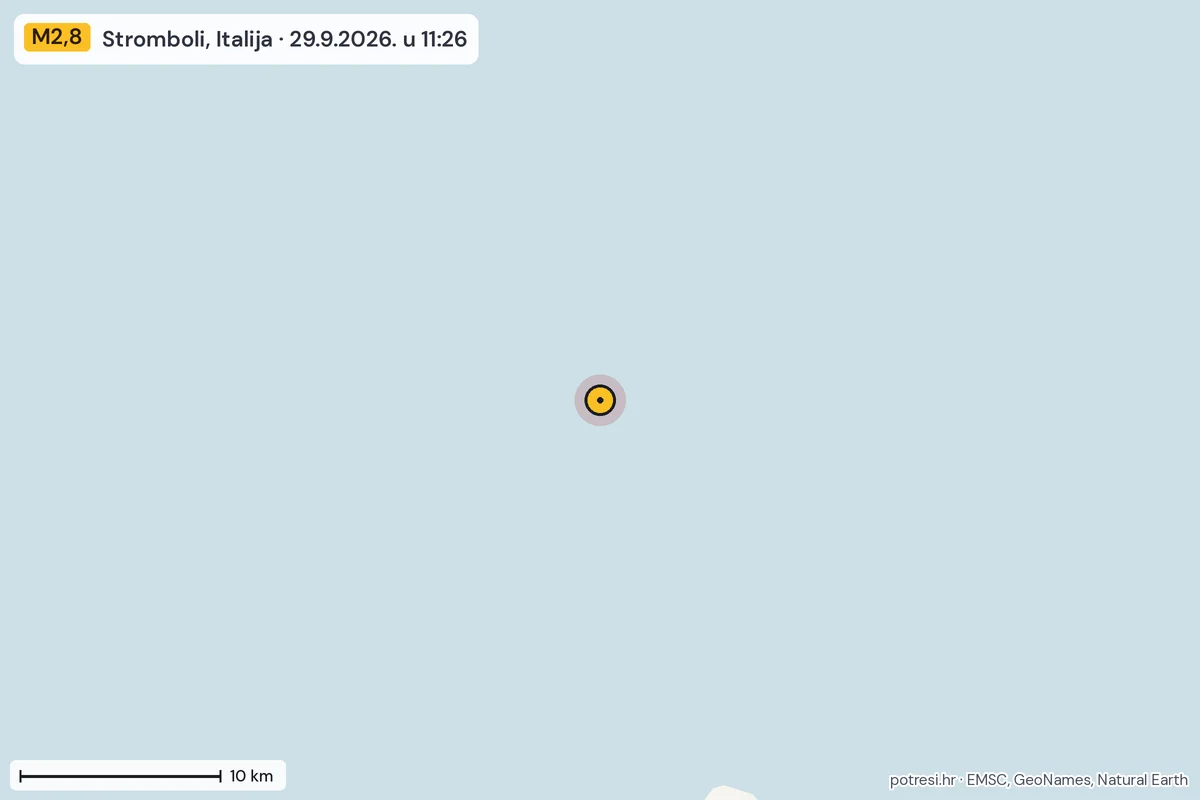 Karta: okolica epicentra, 60 km, potres M2,8, Stromboli, Italija, 29.9.2026.