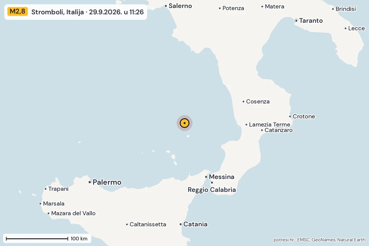 Karta: šire područje, 600 km, potres M2,8, Stromboli, Italija, 29.9.2026.