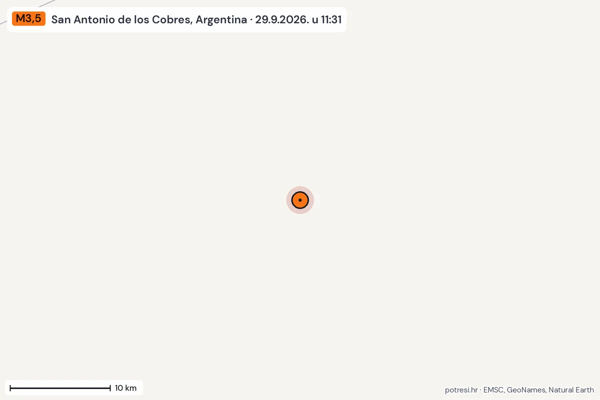 Karta: okolica epicentra, 60 km, potres M3,5, San Antonio de los Cobres, Argentina, 29.9.2026.