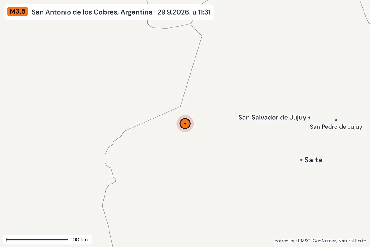 Karta: šire područje, 600 km, potres M3,5, San Antonio de los Cobres, Argentina, 29.9.2026.