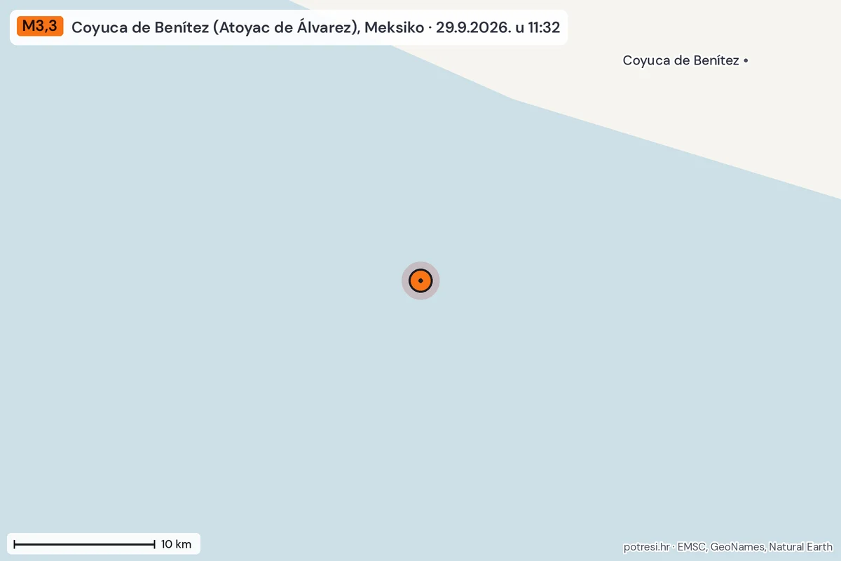 Karta: okolica epicentra, 60 km, potres M3,3, Coyuca de Benítez (Atoyac de Álvarez), Meksiko, 29.9.2026.