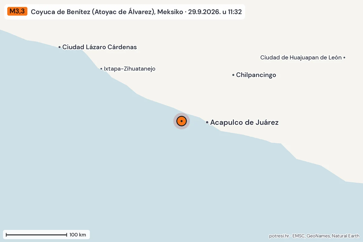 Karta: šire područje, 600 km, potres M3,3, Coyuca de Benítez (Atoyac de Álvarez), Meksiko, 29.9.2026.