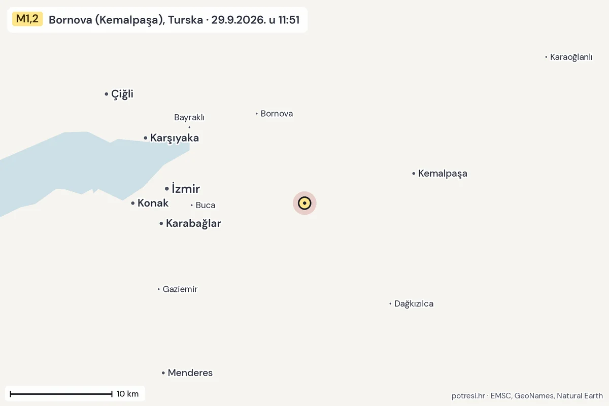 Karta: okolica epicentra, 60 km, potres M1,2, Bornova (Kemalpaşa), Turska, 29.9.2026.
