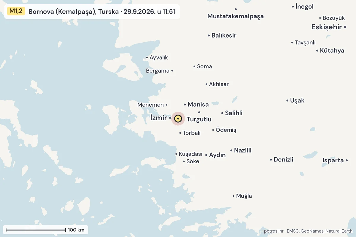 Karta: šire područje, 600 km, potres M1,2, Bornova (Kemalpaşa), Turska, 29.9.2026.