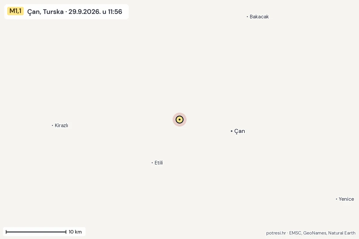 Karta: okolica epicentra, 60 km, potres M1,1, Çan, Turska, 29.9.2026.