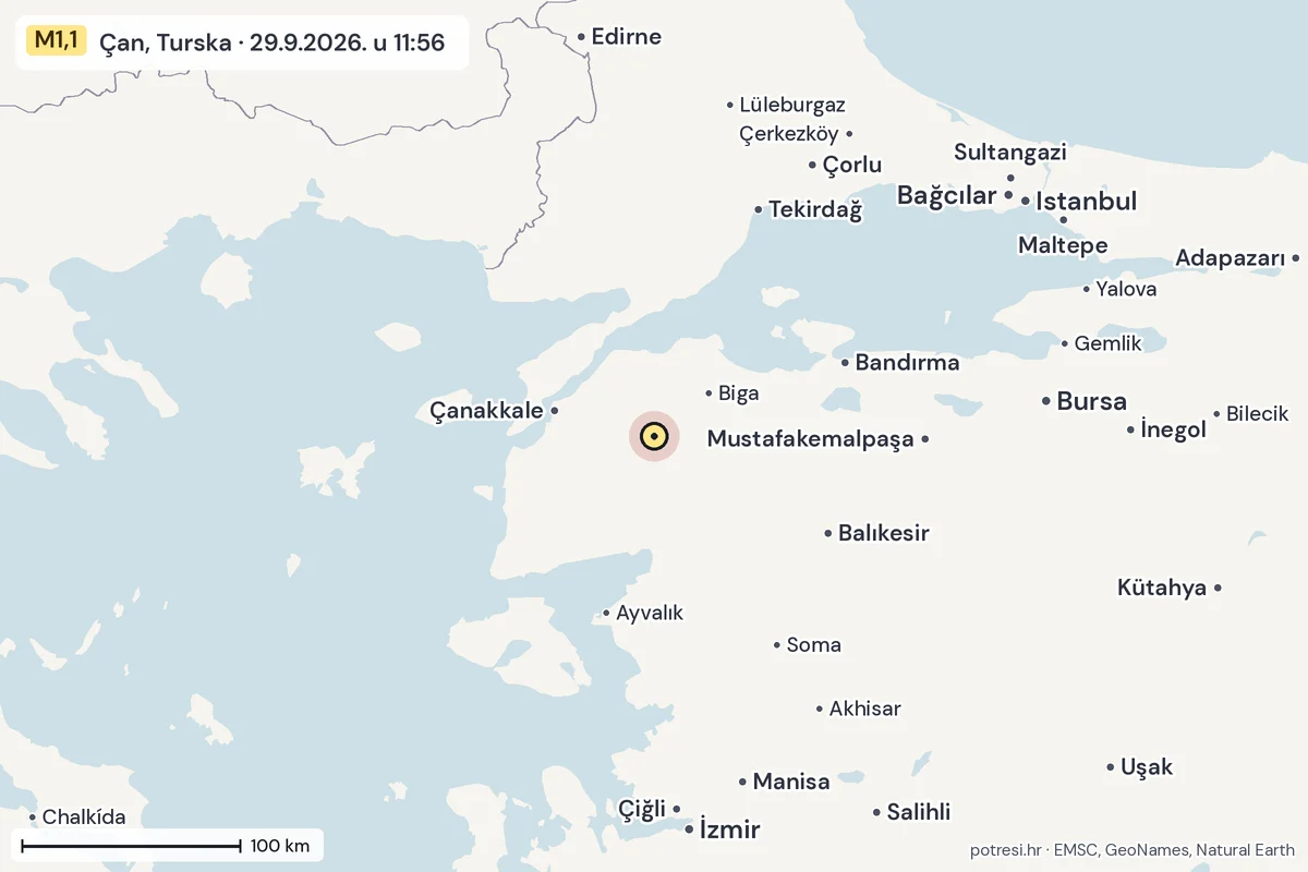 Karta: šire područje, 600 km, potres M1,1, Çan, Turska, 29.9.2026.