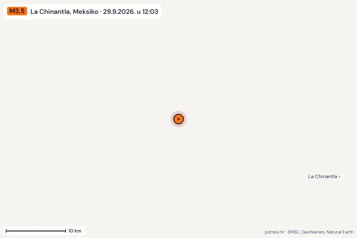 Karta: okolica epicentra, 60 km, potres M3,5, La Chinantla, Meksiko, 29.9.2026.