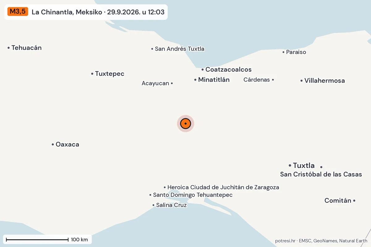 Karta: šire područje, 600 km, potres M3,5, La Chinantla, Meksiko, 29.9.2026.