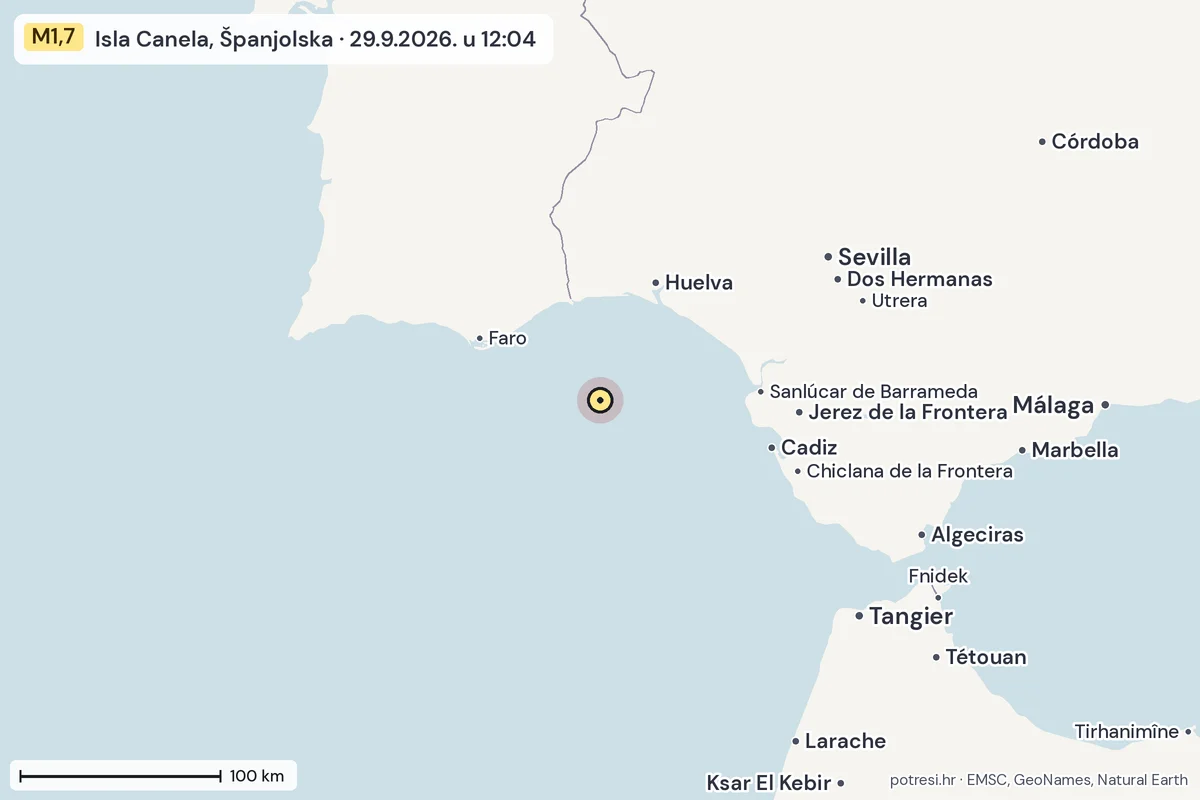 Karta: šire područje, 600 km, potres M1,7, Isla Canela, Španjolska, 29.9.2026.