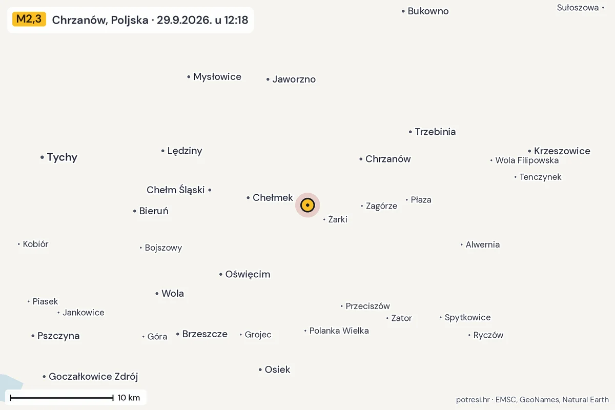 Karta: okolica epicentra, 60 km, potres M2,3, Chrzanów, Poljska, 29.9.2026.