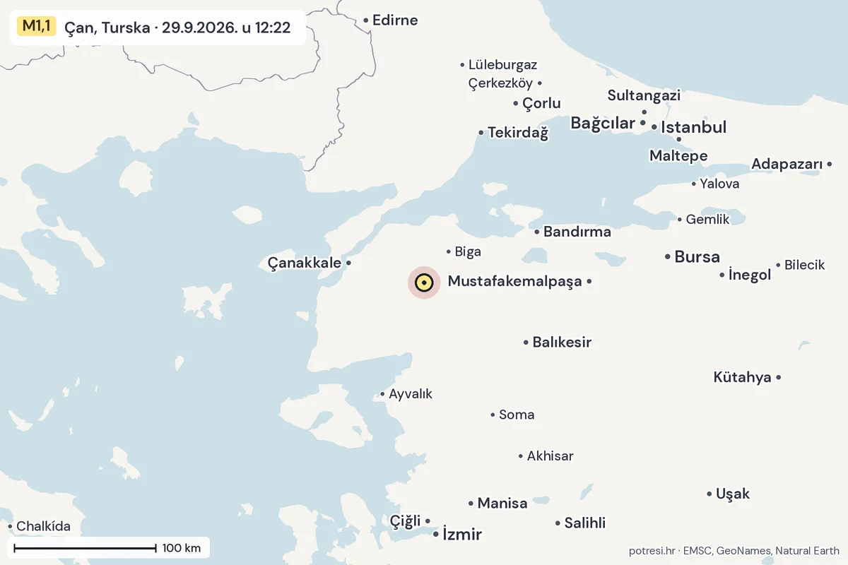 Karta: šire područje, 600 km, potres M1,1, Çan, Turska, 29.9.2026.