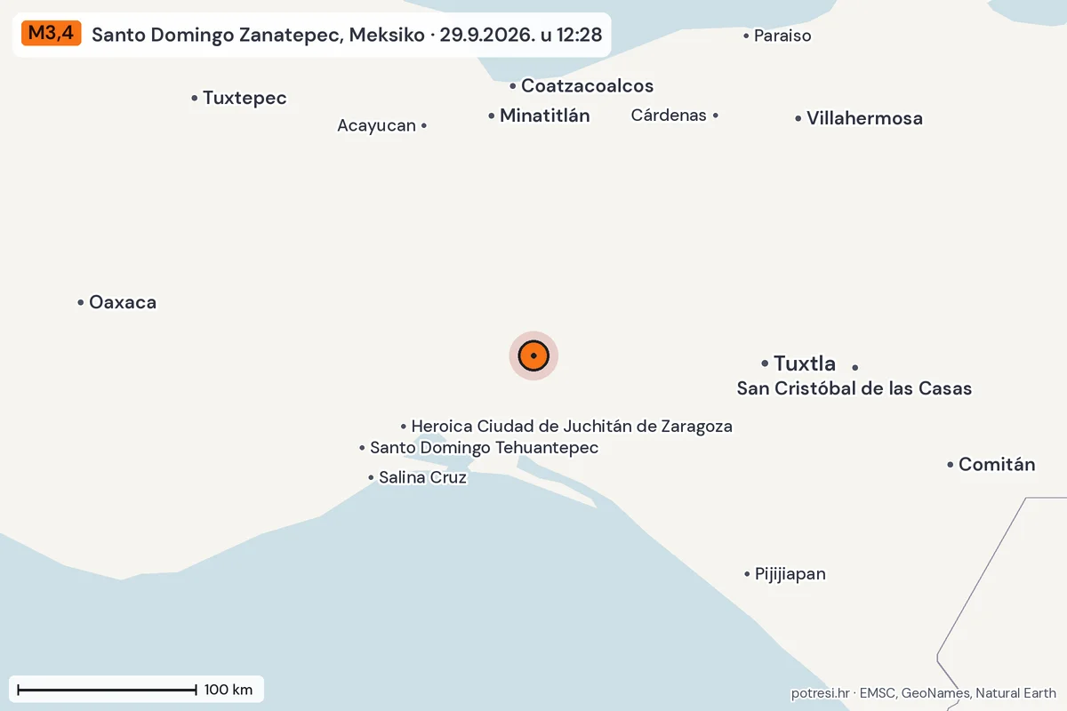 Karta: šire područje, 600 km, potres M3,4, Santo Domingo Zanatepec, Meksiko, 29.9.2026.