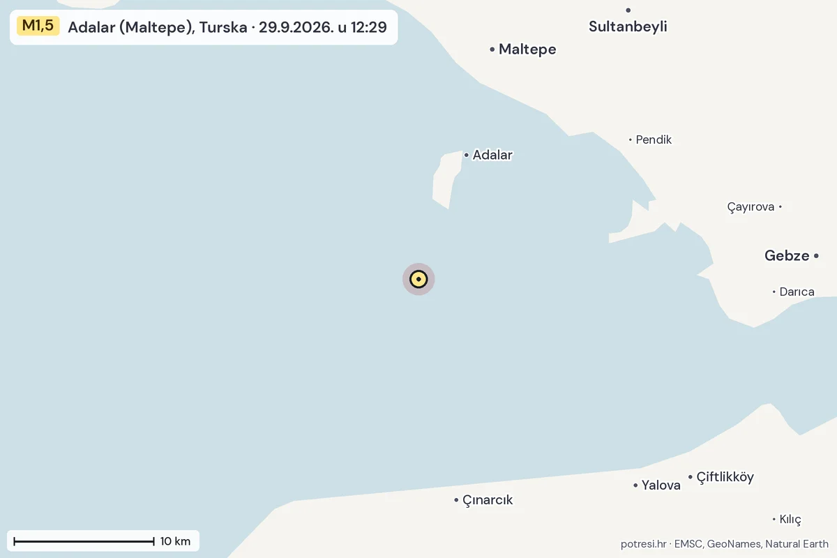 Karta: okolica epicentra, 60 km, potres M1,5, Adalar (Maltepe), Turska, 29.9.2026.