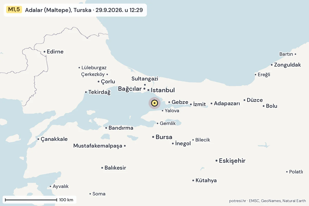 Karta: šire područje, 600 km, potres M1,5, Adalar (Maltepe), Turska, 29.9.2026.