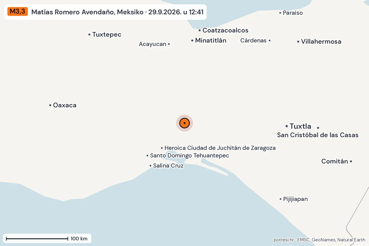 Karta: šire područje, 600 km, potres M3,3, Matías Romero Avendaño, Meksiko, 29.9.2026.