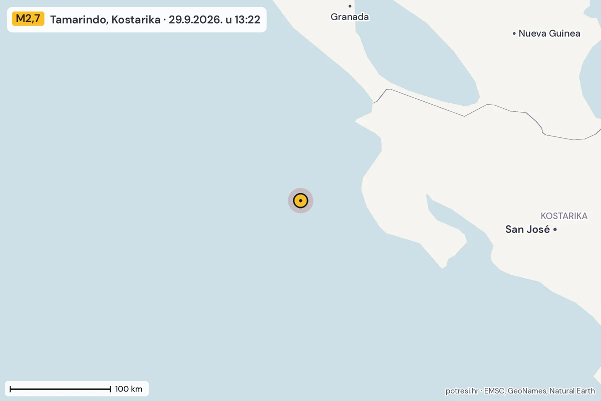 Karta: šire područje, 600 km, potres M2,7, Tamarindo, Kostarika, 29.9.2026.