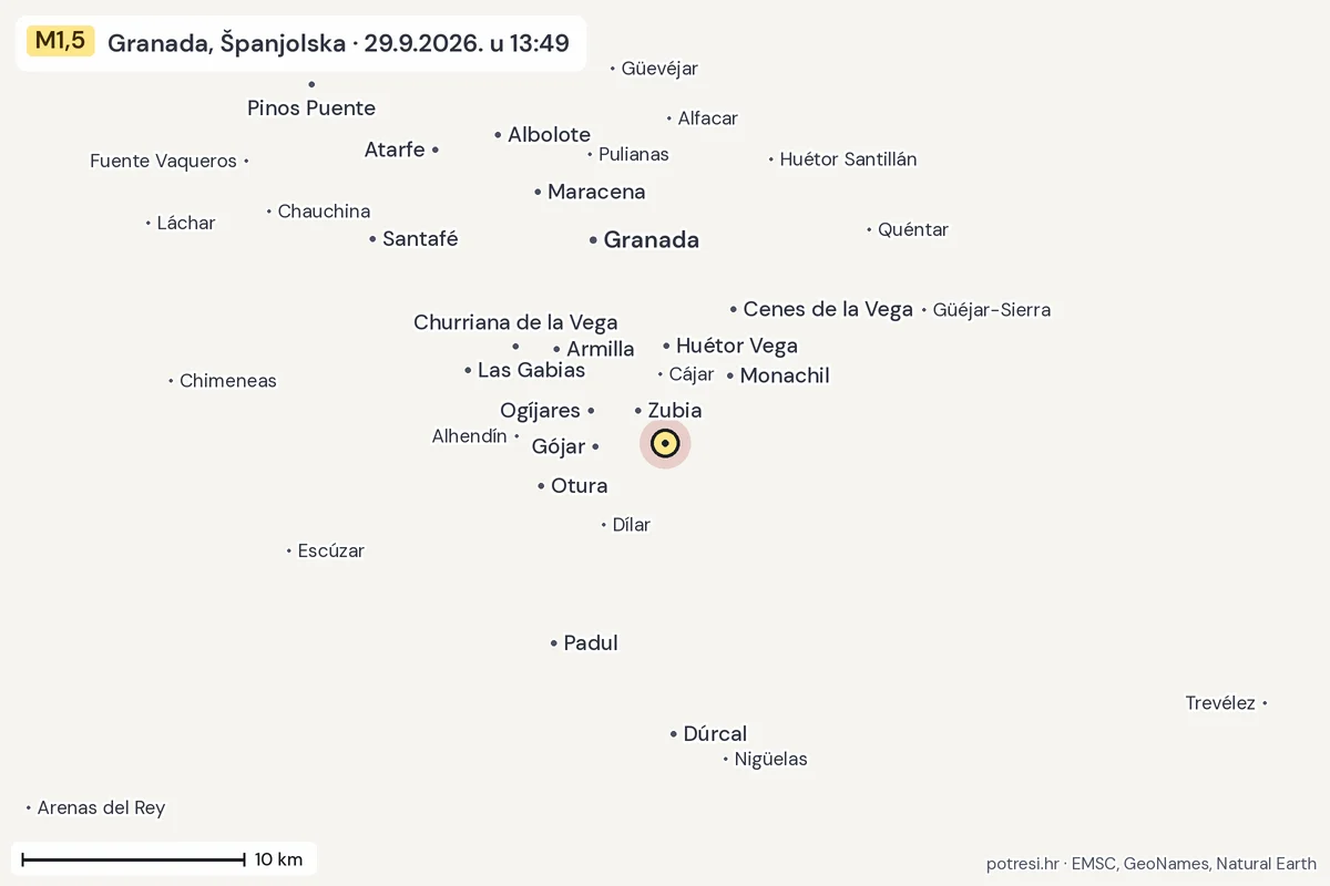 Karta: okolica epicentra, 60 km, potres M1,5, Granada, Španjolska, 29.9.2026.