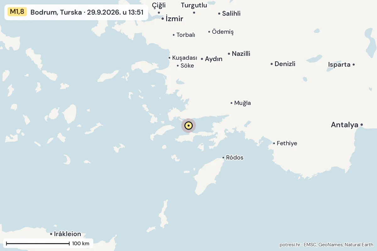 Karta: šire područje, 600 km, potres M1,8, Bodrum, Turska, 29.9.2026.