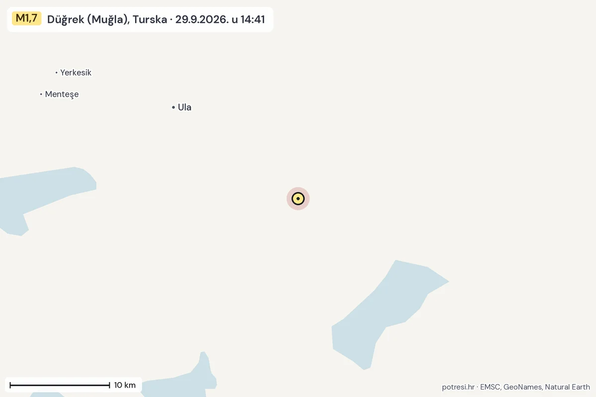 Karta: okolica epicentra, 60 km, potres M1,7, Düğrek (Muğla), Turska, 29.9.2026.
