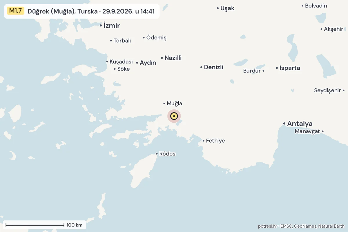 Karta: šire područje, 600 km, potres M1,7, Düğrek (Muğla), Turska, 29.9.2026.