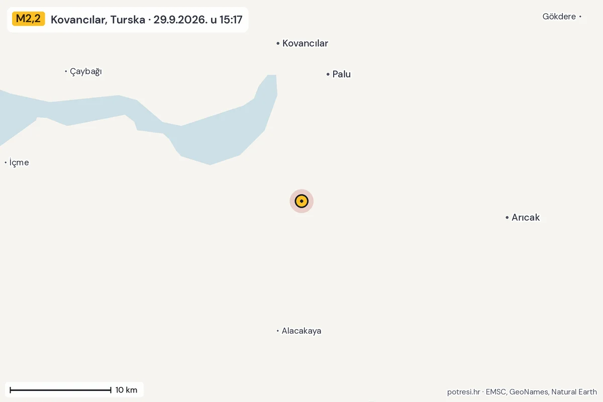 Karta: okolica epicentra, 60 km, potres M2,2, Kovancılar, Turska, 29.9.2026.