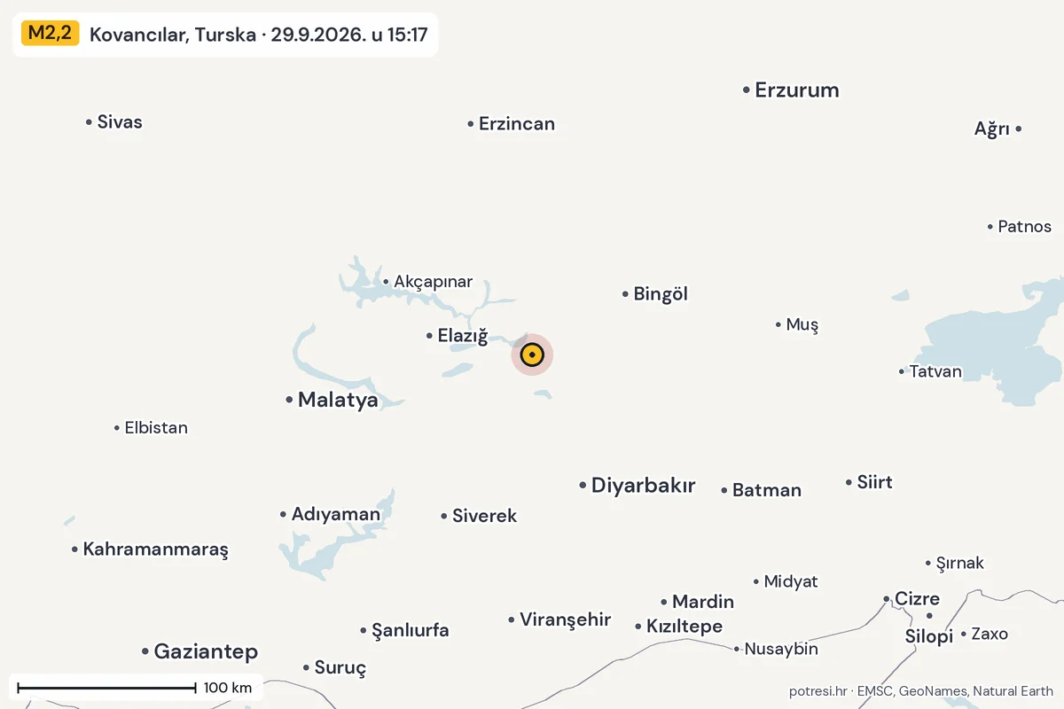 Karta: šire područje, 600 km, potres M2,2, Kovancılar, Turska, 29.9.2026.