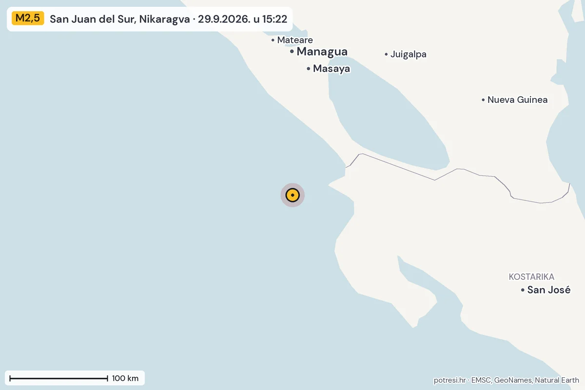 Karta: šire područje, 600 km, potres M2,5, San Juan del Sur, Nikaragva, 29.9.2026.