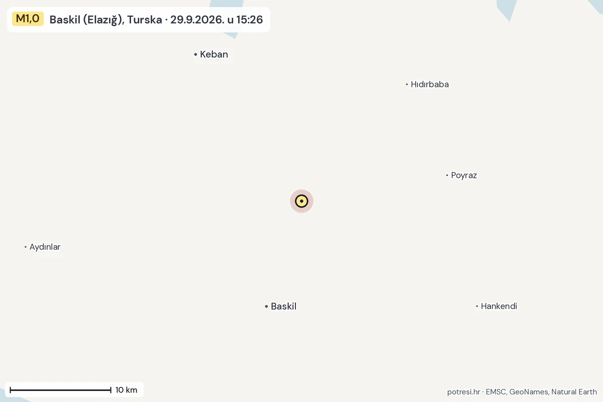 Karta: okolica epicentra, 60 km, potres M1,0, Baskil (Elazığ), Turska, 29.9.2026.