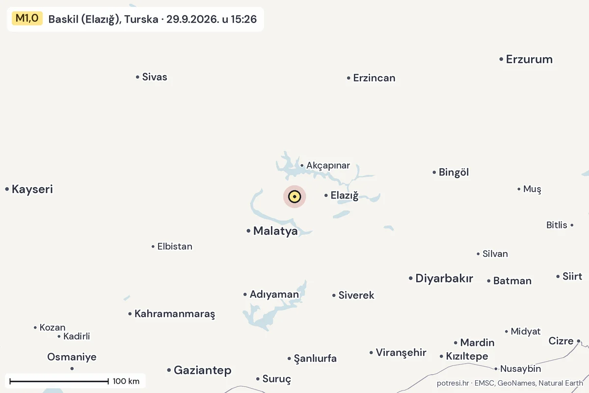 Karta: šire područje, 600 km, potres M1,0, Baskil (Elazığ), Turska, 29.9.2026.