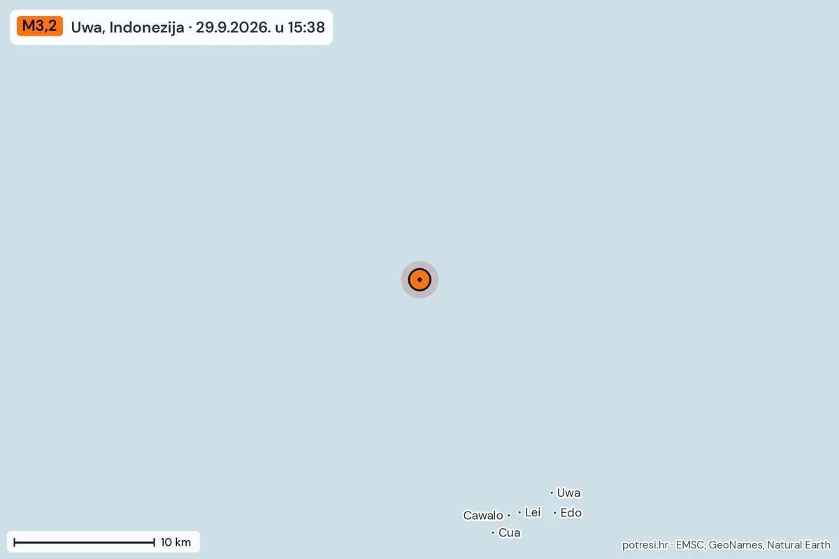 Karta: okolica epicentra, 60 km, potres M3,2, Uwa, Indonezija, 29.9.2026.