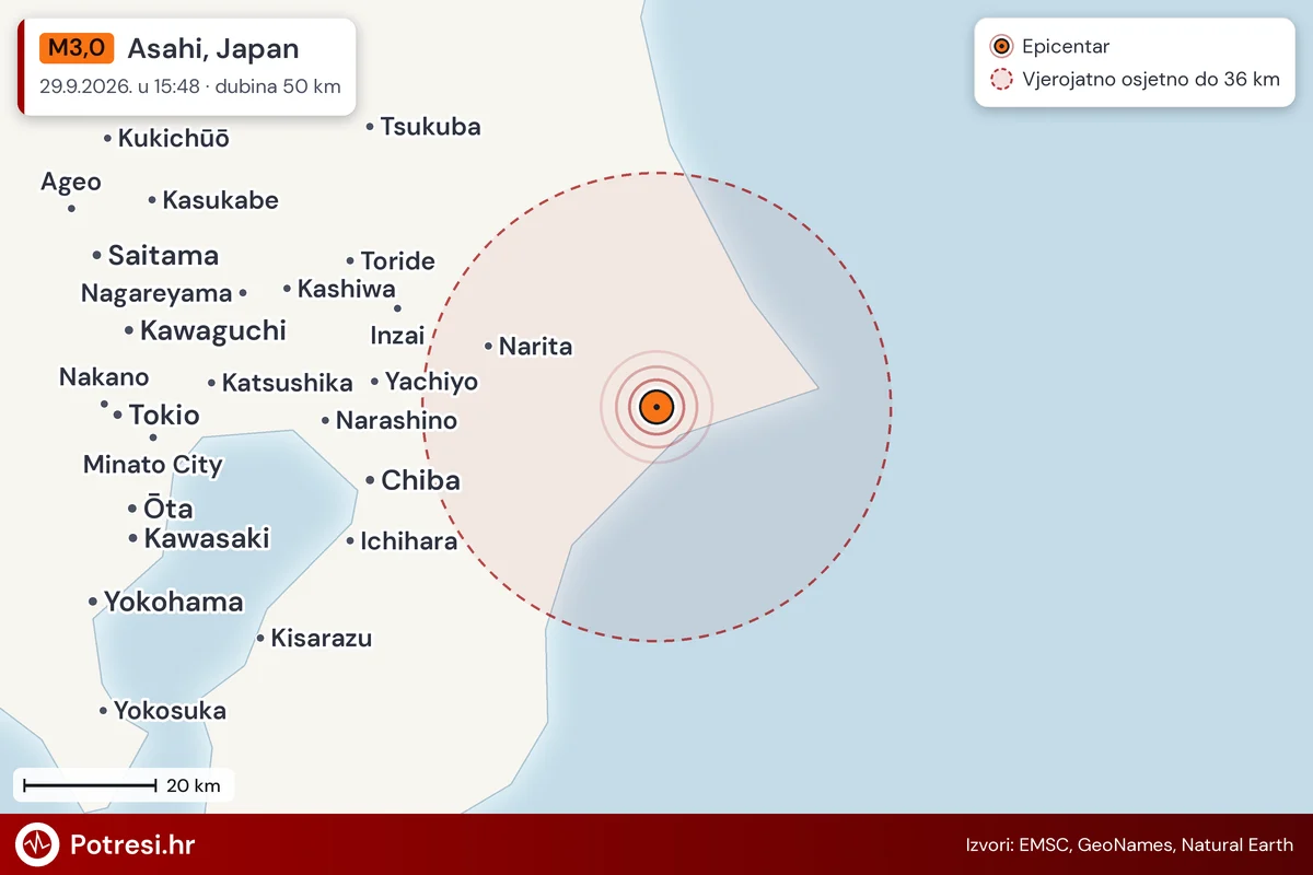 Karta: šire područje i vjerojatni doseg osjeta, potres M3,0, Asahi, Japan, 29.9.2026.