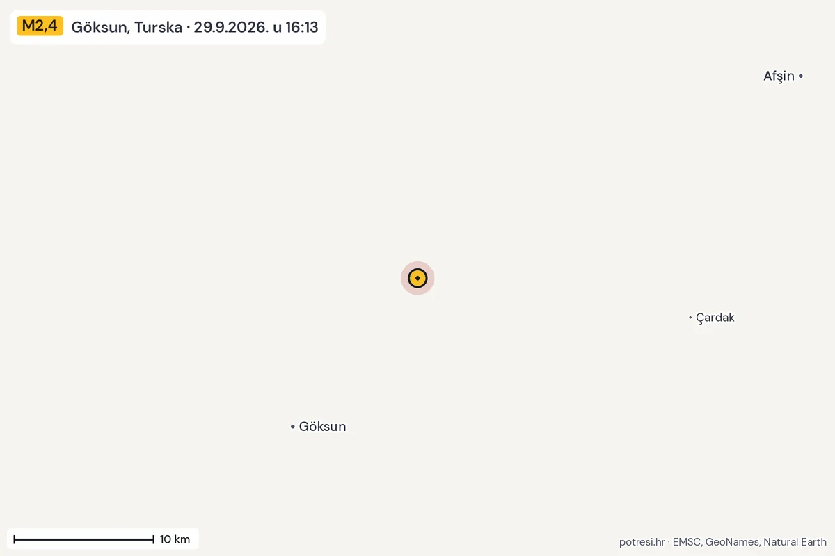 Karta: okolica epicentra, 60 km, potres M2,4, Göksun, Turska, 29.9.2026.