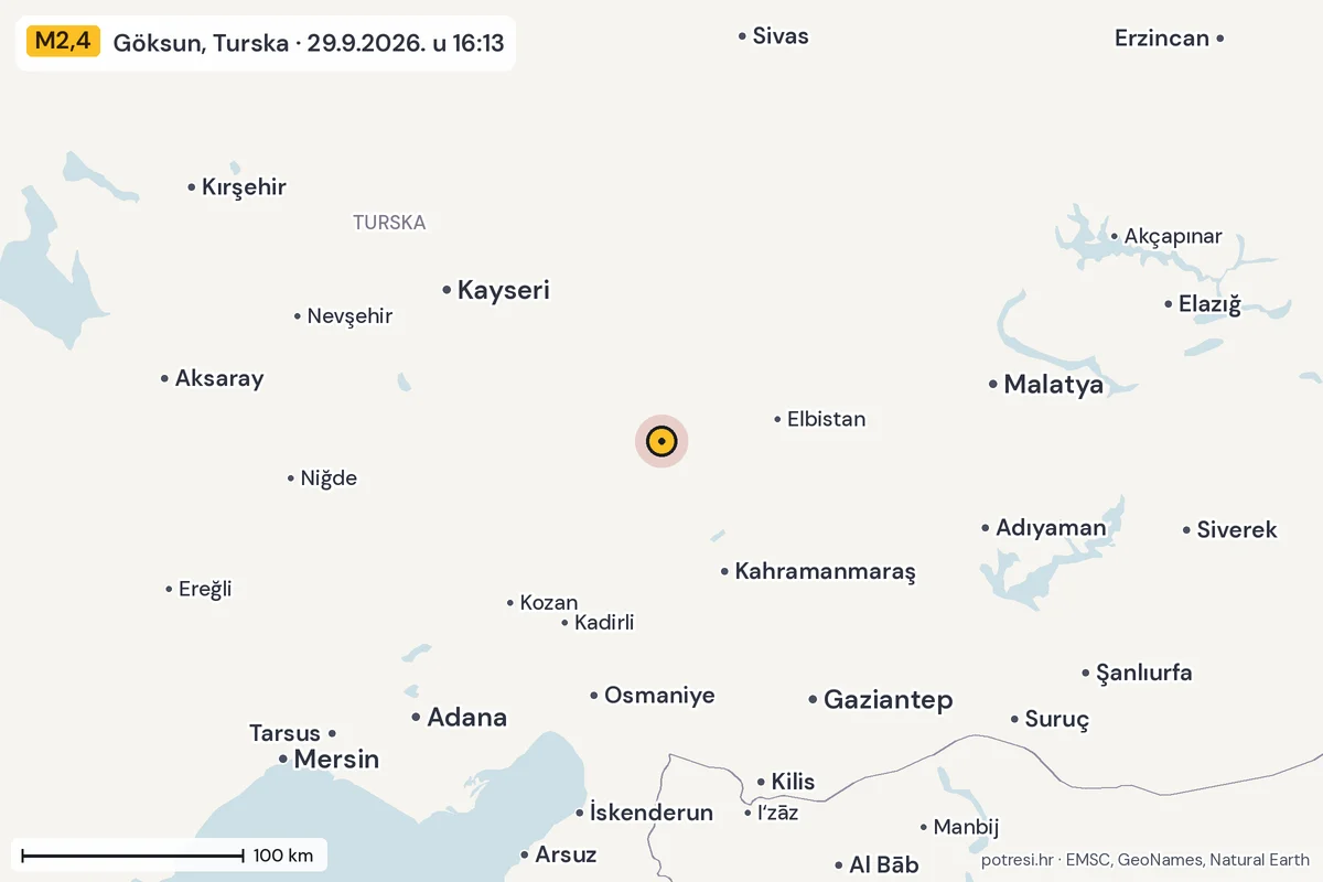 Karta: šire područje, 600 km, potres M2,4, Göksun, Turska, 29.9.2026.