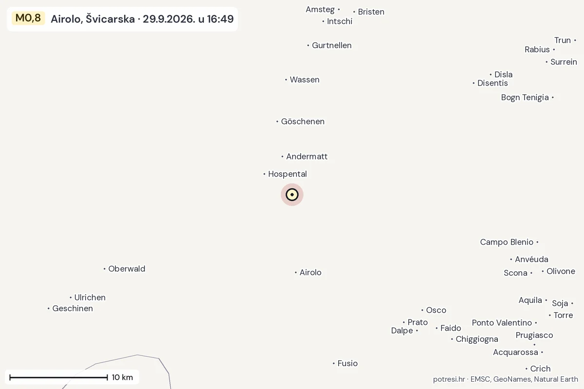 Karta: okolica epicentra, 60 km, potres M0,8, Airolo, Švicarska, 29.9.2026.
