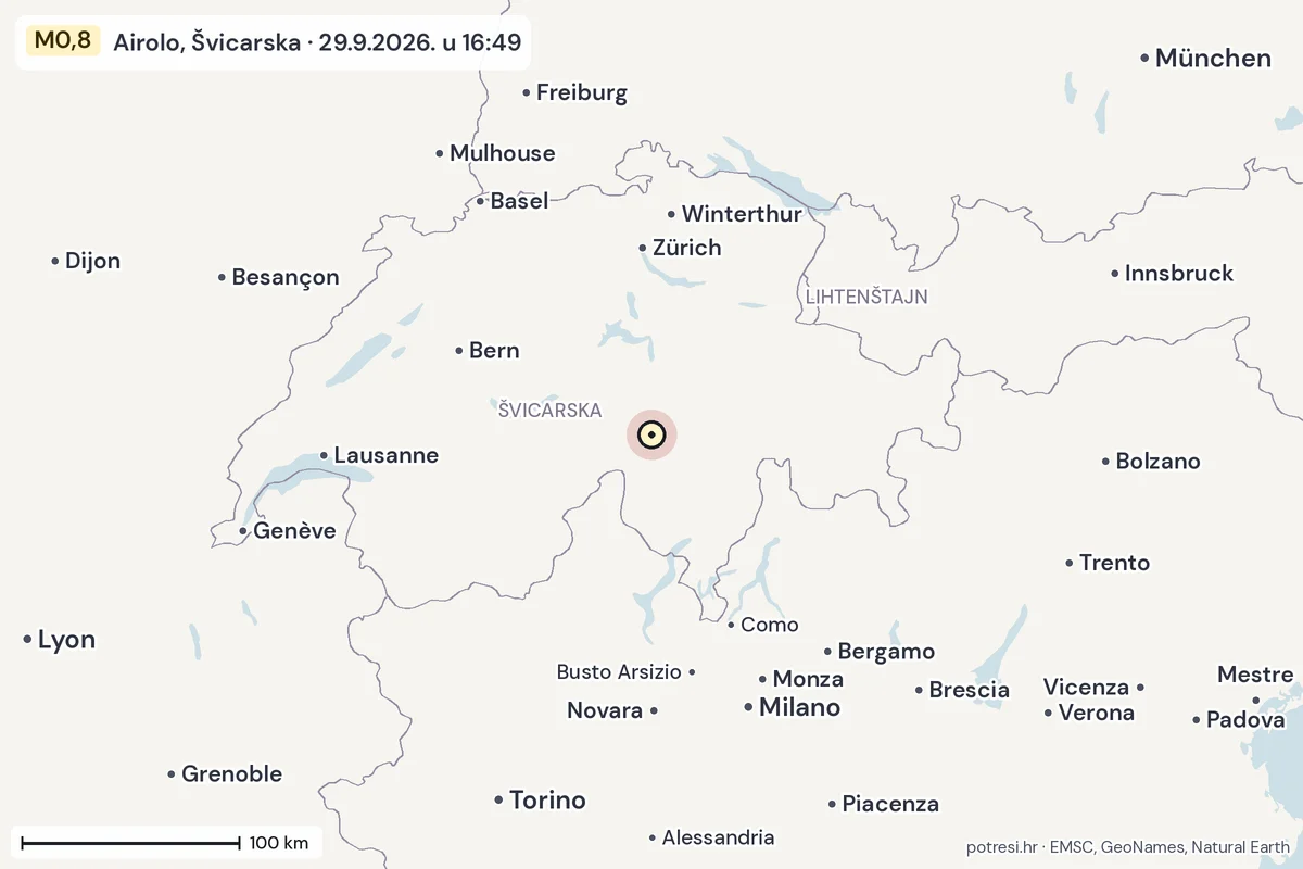 Karta: šire područje, 600 km, potres M0,8, Airolo, Švicarska, 29.9.2026.