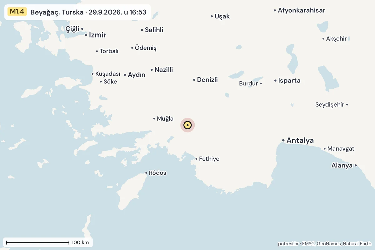 Karta: šire područje, 600 km, potres M1,4, Beyağaç, Turska, 29.9.2026.