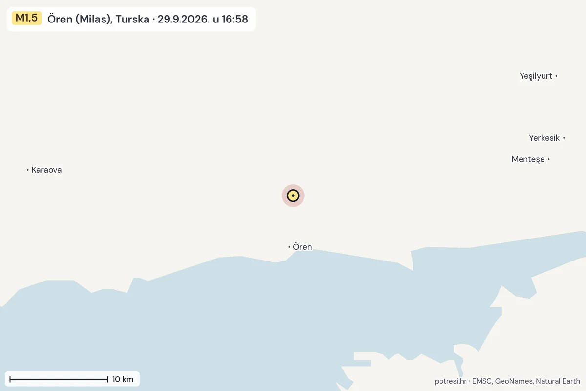 Karta: okolica epicentra, 60 km, potres M1,5, Ören (Milas), Turska, 29.9.2026.