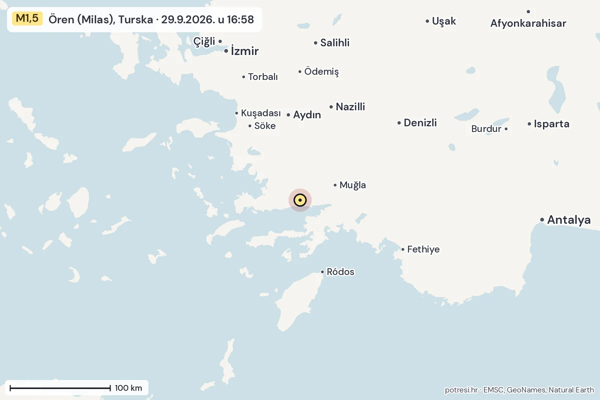 Karta: šire područje, 600 km, potres M1,5, Ören (Milas), Turska, 29.9.2026.