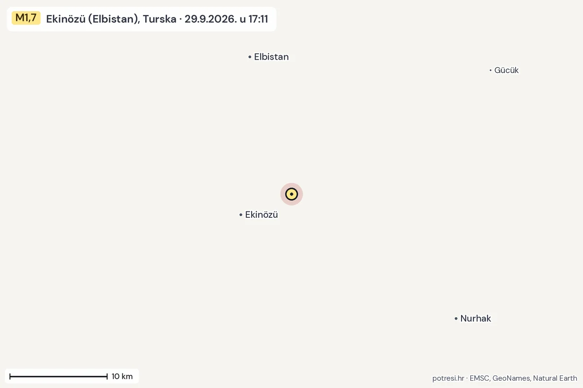 Karta: okolica epicentra, 60 km, potres M1,7, Ekinözü (Elbistan), Turska, 29.9.2026.