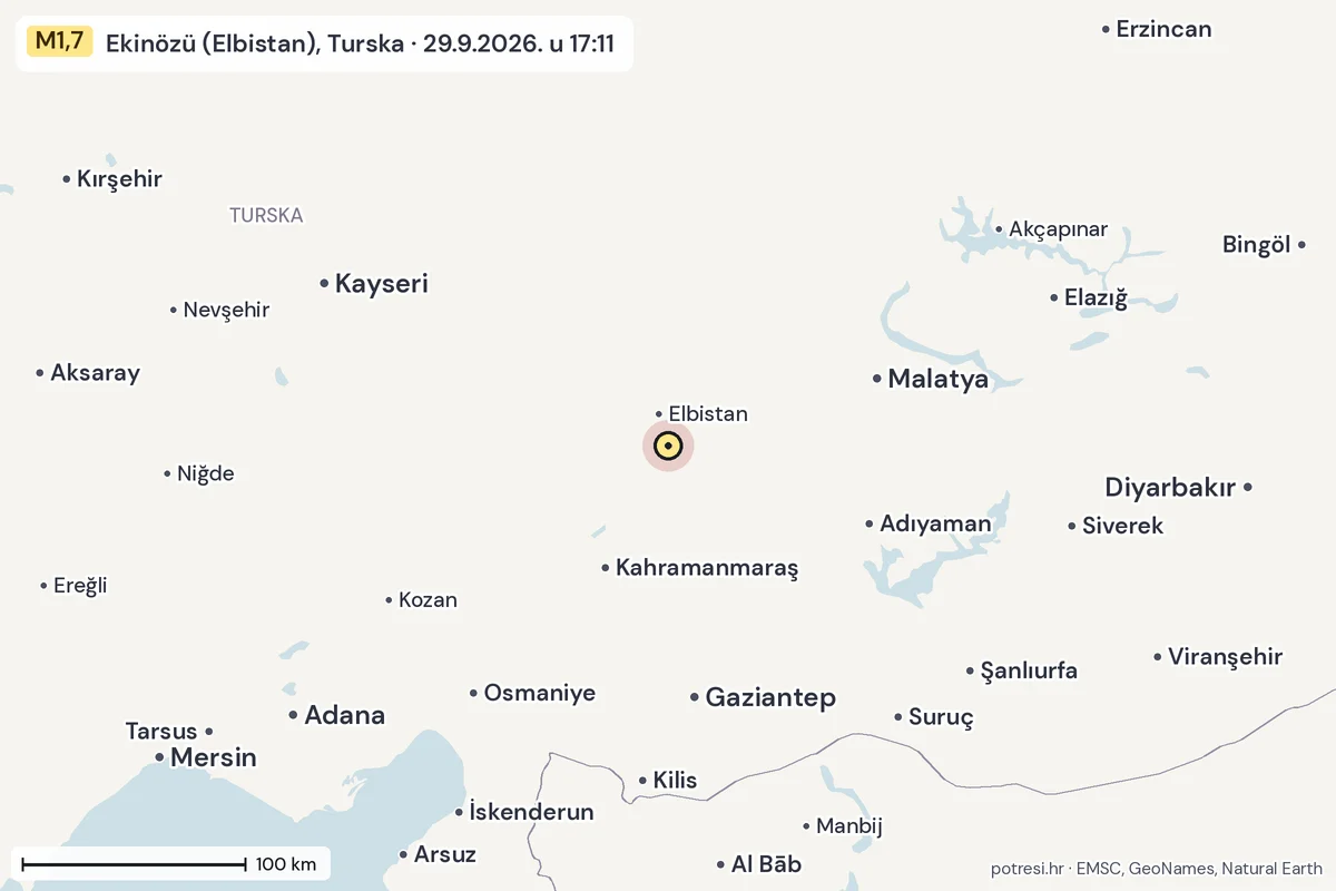 Karta: šire područje, 600 km, potres M1,7, Ekinözü (Elbistan), Turska, 29.9.2026.