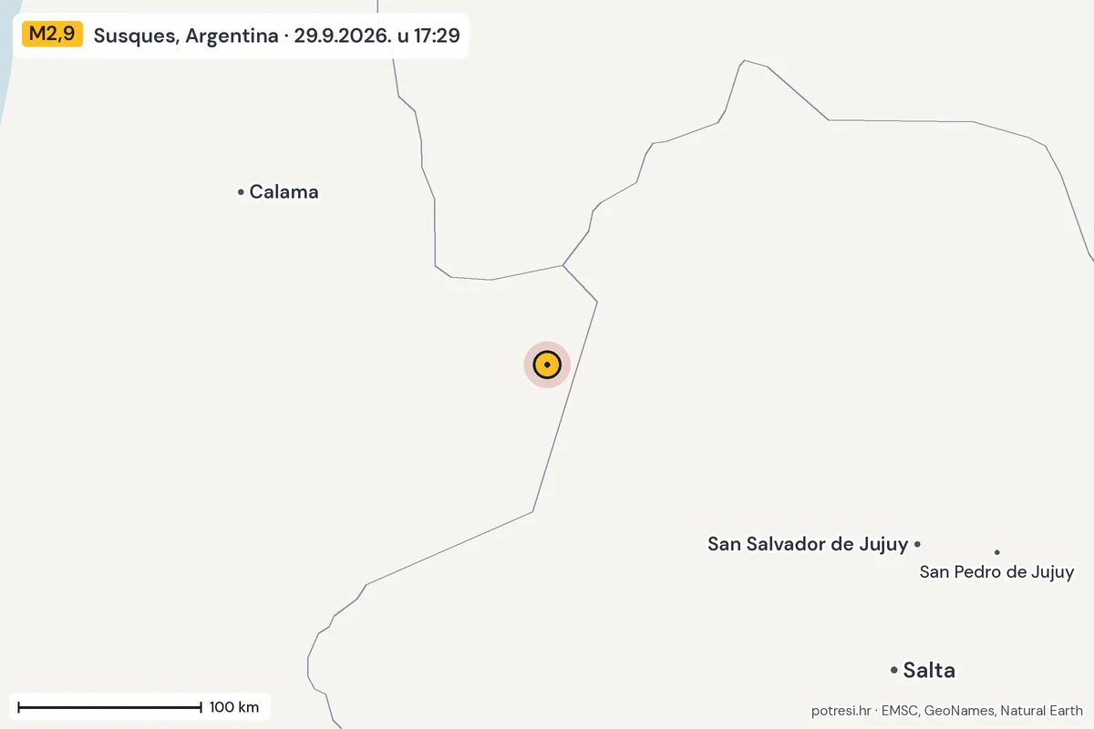 Karta: šire područje, 600 km, potres M2,9, Susques, Argentina, 29.9.2026.