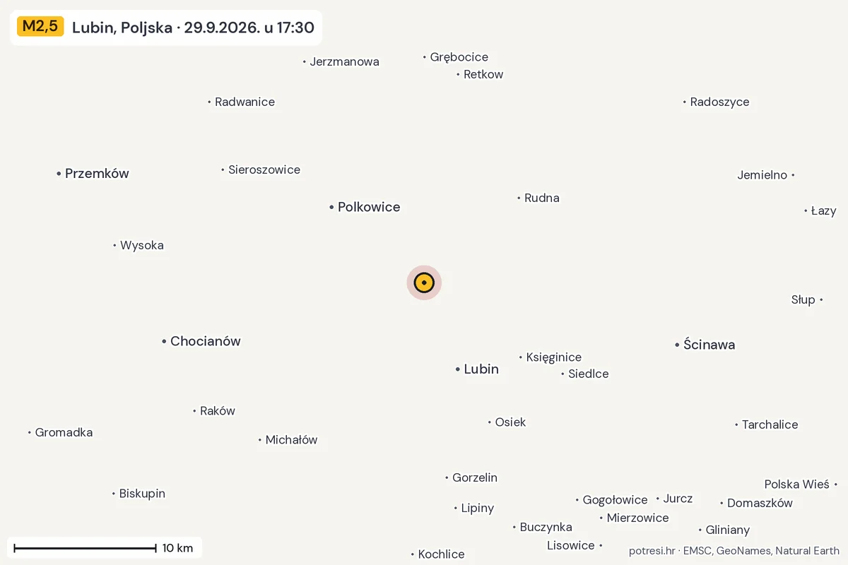 Karta: okolica epicentra, 60 km, potres M2,5, Lubin, Poljska, 29.9.2026.